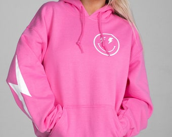 Sudadera con capucha con cara sonriente y rayo rosa - sudadera - rosa y blanca - linda sudadera con capucha - ropa de estar en casa - rayo - cara sonriente - regalo - personaliza - única