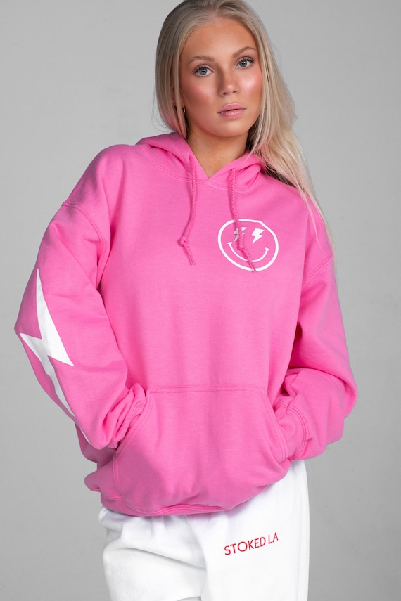 Pink Lightning Smiley Hoodie sweatshirt pink & White cute 