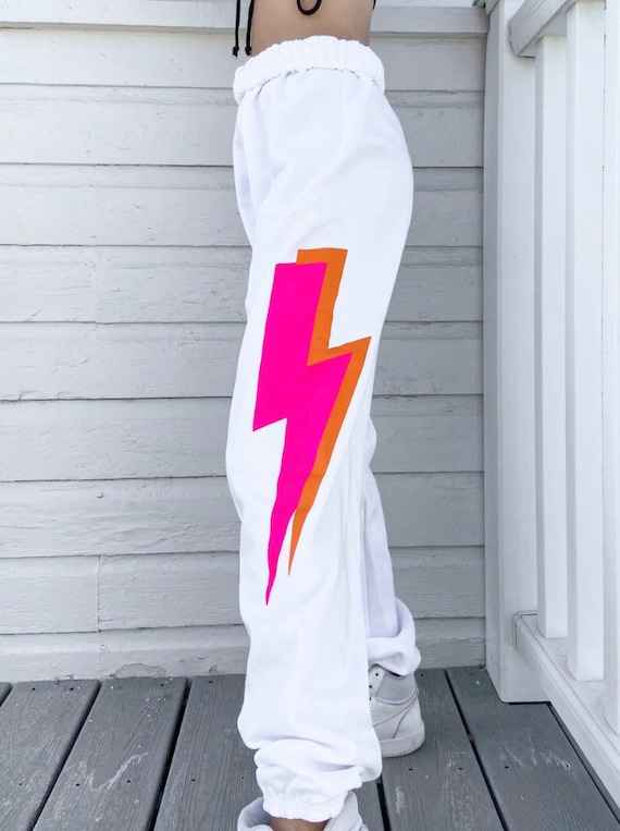 Lightning Sweatpants White Sweats Pink and Orange Lightning Bolt Cute Sweats  Loungewear Gift Comfy Sweats Custom Lightning Set 