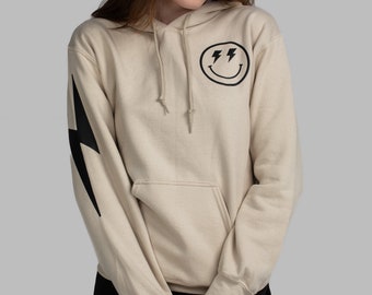 Sudadera con capucha con cara sonriente y rayo de arena - sudadera - marrón claro y negro - sudadera con capucha bonita - ropa de estar en casa - rayo - cara sonriente - regalo - personalizado - único