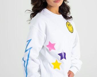 Sudadera de cuello redondo de cómic, sudadera blanca, estrellas, rayo, cara sonriente, multicolor, divertida, ropa de estar en casa, regalo, conjunto cómodo, personalizado, conjunto deportivo, sudadera