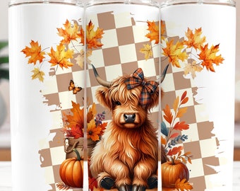 Highland Cow Fall Sublimation Design: Pumpkins & Autumn Leaves (PNG Digital Download)