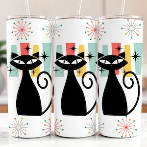 May include: Three white stainless steel tumblers with black cat silhouettes and a retro mid-century modern design. The cats have a black tail and a white background with colorful geometric shapes.
