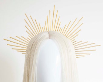 Large Gold Metal Sun Crown - Panmilli | Goddess Headpiece | Queen Crown | Bridal headband | Photoshoot idea | Idea costume | Sun headpiece