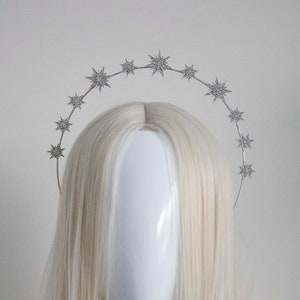 Diadema de estrellas plateadas y doradas - Corona de halo Panmilli / Tocado de diosa / Corona de reina / Diadema celestial dorada para novia / Corona para sesión de fotos