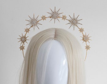 Gold Stars Halo Headband - Panmilli halo crown | Goddess headpiece | Queen Crown | Bridal Gold celestial Headband | Photoshoot crown | gala