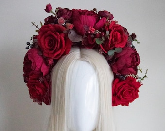 Deep Red Flower Crown Headpiece – Handmade by Panmilli, Burgundy Peony Rose Floral crown,  Boho Bridal Headband with Faux Berries  Greenery