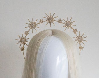 Gold Large Stars Halo Headband - Panmilli halo | Goddess headpiece | Queen Crown | Bridal Gold celestial Headband | Photoshoot crown | gala