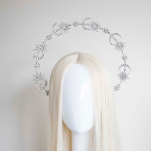 Silver Stars and Moon Headband - Panmilli halo crown | Goddess headpiece | Queen Crown | Bridal Gold celestial Headband | Photoshoot crown