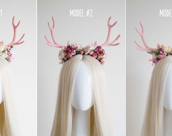 Deer Flower Crown headband - Panmilli | Halloween Party | Easter Holiday Headpiece | pink Horns Crown | pink Easter | Burning man Festival