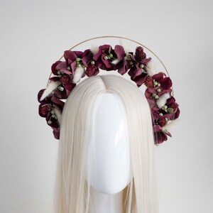Burgundy Floral Halo Headpiece: Romantic Photoshoot Crown