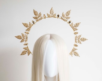 Gold Metal Leaf Sun Headpiece - Panmilli | Festival Halo Crown | Baroque Style | Wedding Headband | boho garden ceremony | goddess crown