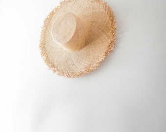 Natural Fringe Sun Hat - Panmilli | Brim 6.3 inches | Natural straw hat | Personalized Summer Hat | Raw Edge | Frayed Brim | Cottage hat