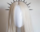 Black Crystal Sunburst Crown - Gothic Halo Headpiece, Celestial Bride Tiara, Dark Queen Spiked Headband, Alt Wedding Hair Piece PANMILLI — image 5