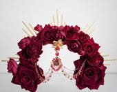 Small Crimson Rose Halo Headpiece: Rhinestone Metal Spikes & Chains, Gothic Glam — image 4