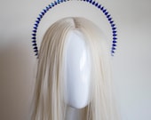 Deep Blue Crystal Halo Crown, Sapphire Rhinestone Celestial Tiara, Avant Garde Hair Accessory — image 1