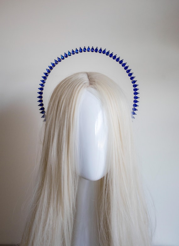 Deep Blue Crystal Halo Crown, Sapphire Rhinestone Celestial Tiara, Avant Garde Hair Accessory