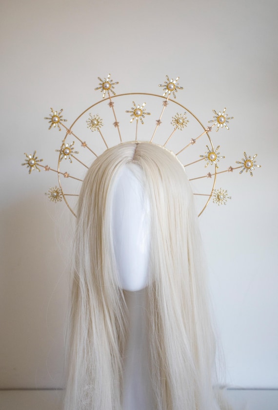 Celestial Sunburst Halo Crown, Gold Starburst Sun Deity Headpiece, Greek Goddess Aureole Tiara, Virgin Mary Halo, Festival Crown By Panmilli