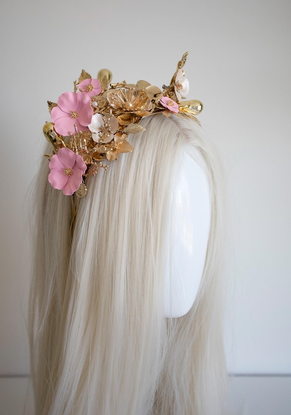 Asymmetrical Gold Pink Floral Headband, Matte Rose Filigree Crown, Bridal Hair Accessory