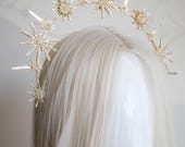 Gold Celestial Starburst Crown - Star Halo Headpiece Rhinestones - Sun Goddess Tiara - Starlit Bridal Hair Accessory - Handmade by Panmilli — image 8