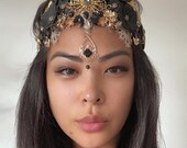 PANMILLI Black and Gold Goddess Crown, Egyptian Winged Tiara, Forehead Pendant Halo Headpiece, Gothic Bridal Crown, Festival Headdress — image 6