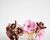 PANMILLI Flower Headband - Gold & Pink Enamel Floral Crown | Burgundy Beaded Hair Accessory for Wedding, Bridal or Party | Crystal Accent — image 3