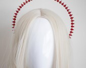 Red Teardrop Halo Crown - Red Rhinestone Halo Headband - Crystal Saint Headpiece for Gala & Editorial - Metal Hair Accessory - By Panmilli — image 3