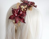 Burgundy and Gold Floral Crown by PANMILLI - Gothic Bridal Tiara, Fall Wedding Hair Accessory, Handmade Flower Headpiece, Boho Queen Crown — image 4