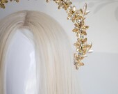 Champagne Gold Floral Halo Crown - Ethereal Bridal Flower Tiara - Rhinestone Botanical Headpiece -  Wedding Hair Accessory - By Panmilli — image 7