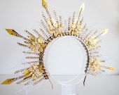 Gold Sunburst Halo Crown with Feathers, Rhinestones, Celestial Headpiece for Cosplay — image 4
