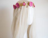 Butterfly and Flower Headband, Gold Filigree Crown, Magenta Pink Floral Headpiece, Dainty Crystal Drop Tiara, Whimsical Bridal Hair Panmilli — image 6