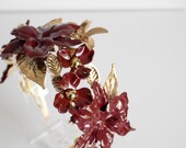 Burgundy and Gold Floral Crown by PANMILLI - Gothic Bridal Tiara, Fall Wedding Hair Accessory, Handmade Flower Headpiece, Boho Queen Crown — image 7