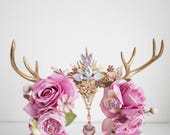 Enchanted Antler Flower Crown – Gold Horns & Rhinestone Headpiece by Panmilli | Holiday Headpiece | Gold Horn Crown | Festival costume — image 3