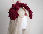 Small Crimson Rose Halo Headpiece: Rhinestone Metal Spikes & Chains, Gothic Glam — image 3