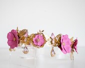 Butterfly and Flower Headband, Gold Filigree Crown, Magenta Pink Floral Headpiece, Dainty Crystal Drop Tiara, Whimsical Bridal Hair Panmilli — image 4