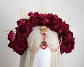 Small Crimson Rose Halo Headpiece: Rhinestone Metal Spikes & Chains, Gothic Glam — image 2
