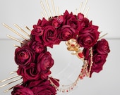 Small Crimson Rose Halo Headpiece: Rhinestone Metal Spikes & Chains, Gothic Glam — image 7