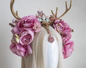 Enchanted Antler Flower Crown – Gold Horns & Rhinestone Headpiece by Panmilli | Holiday Headpiece | Gold Horn Crown | Festival costume — image 2
