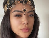 PANMILLI Black and Gold Goddess Crown, Egyptian Winged Tiara, Forehead Pendant Halo Headpiece, Gothic Bridal Crown, Festival Headdress — image 4