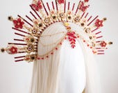 Red and Gold Sunburst Crown, Floral Goddess Headpiece with Forehead Jewelry, Celestial Queen Headdress for Cosplay & Festivals by Panmilli — image 6