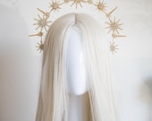 Gold Celestial Starburst Crown - Star Halo Headpiece Rhinestones - Sun Goddess Tiara - Starlit Bridal Hair Accessory - Handmade by Panmilli — image 1