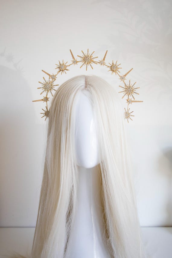 Gold Celestial Starburst Crown - Star Halo Headpiece Rhinestones - Sun Goddess Tiara - Starlit Bridal Hair Accessory - Handmade by Panmilli
