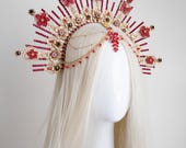 Red and Gold Sunburst Crown, Floral Goddess Headpiece with Forehead Jewelry, Celestial Queen Headdress for Cosplay & Festivals by Panmilli — image 8