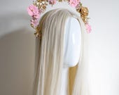 Light Pink Flower Gold Halo Crown: Bridal Headpiece — image 2