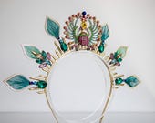 Handmade Crystal Scarab Beetle Tiara – Egyptian Revival Peacock Wedding Crown — image 5