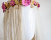 Butterfly and Flower Headband, Gold Filigree Crown, Magenta Pink Floral Headpiece, Dainty Crystal Drop Tiara, Whimsical Bridal Hair Panmilli — image 5