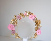 Light Pink Flower Gold Halo Crown: Bridal Headpiece — image 3