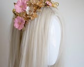 Gold Pink Flower Headband, Side Accent Floral Crown, Asymmetric Bridal Headpiece, Metallic Rose Tiara, Wedding Hair Accessory By Panmilli — image 2
