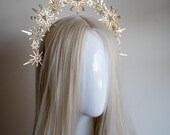 Gold Celestial Starburst Crown - Star Halo Headpiece Rhinestones - Sun Goddess Tiara - Starlit Bridal Hair Accessory - Handmade by Panmilli — image 5