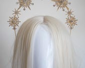 Gold Starburst Halo Crown, Celestial Crystal Headband, Star Bridal Tiara, Rhinestone Sunburst Headpiece, Festival Hair Accessories, Panmilli — image 6